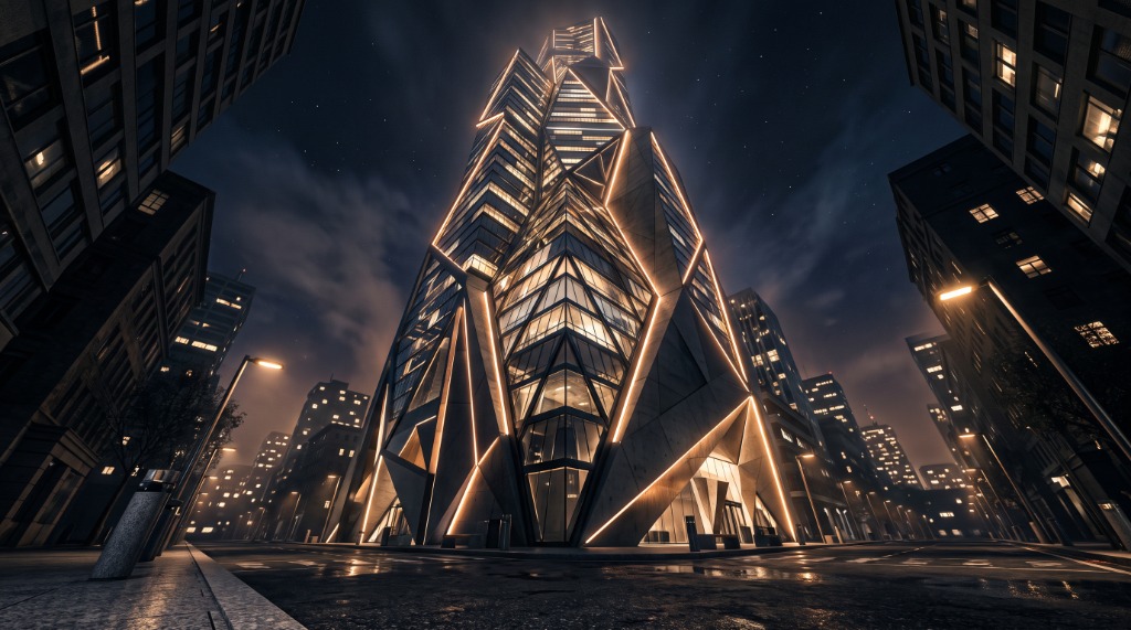 Exterior Architecture — Crystalline High-Rise Tower & Illuminated Nocturnal Massing